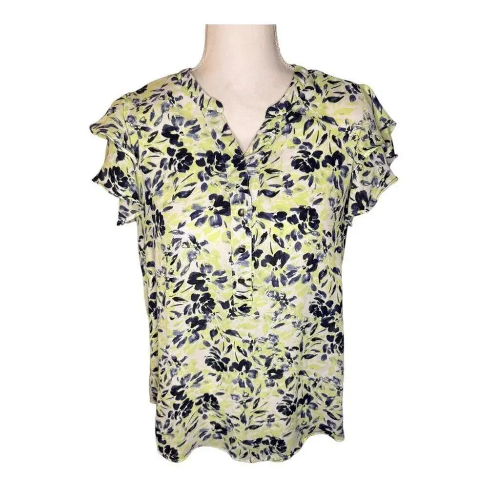 Zac & Rachel Women’s Small Green & Blue Abstract Floral Flutter Sleeve V-Neck